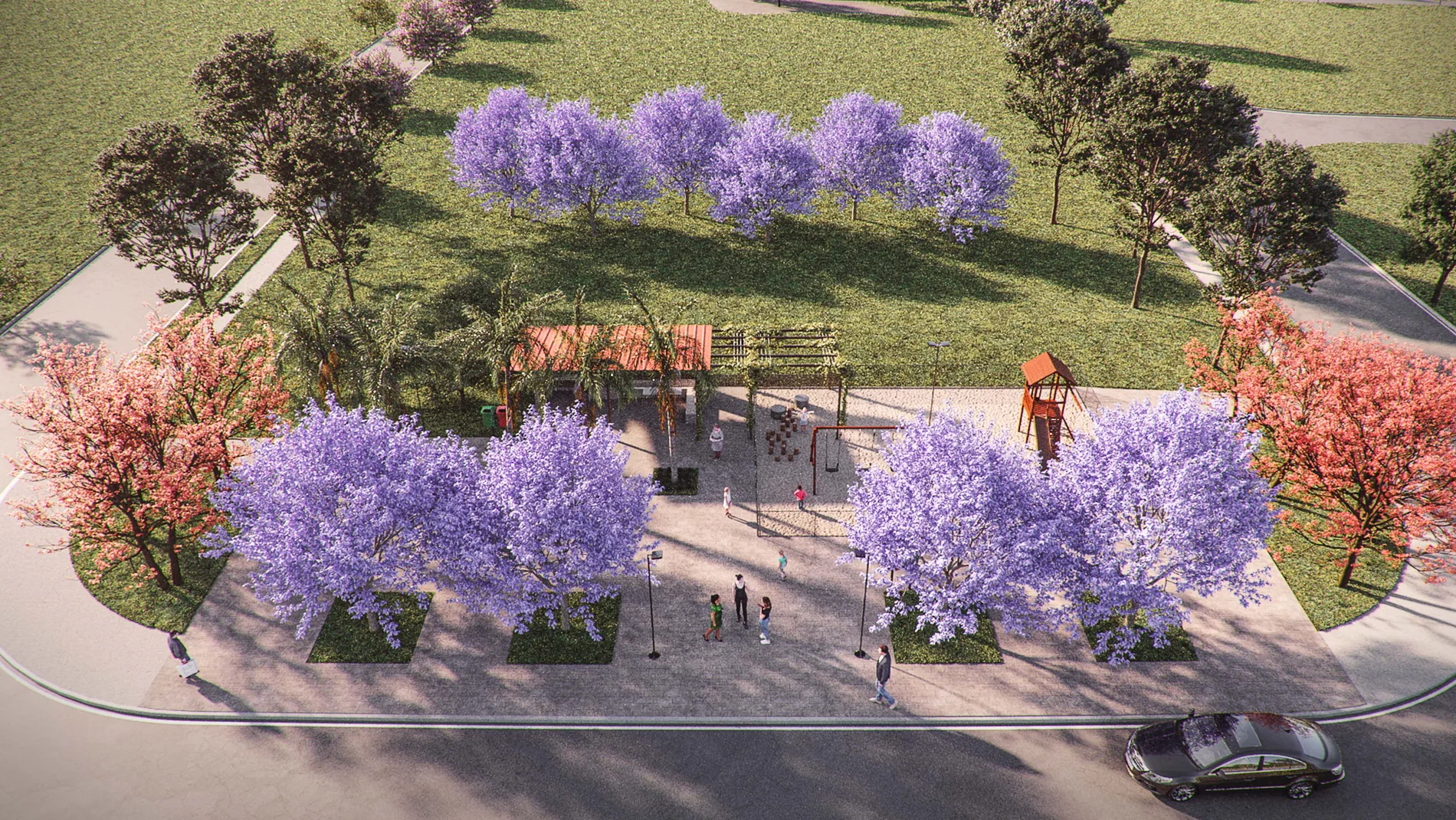 Perspectiva ilustrativa de playground e churrasqueira
